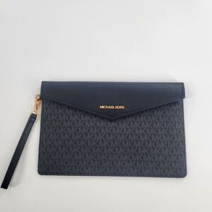 Michael Kors Signature Maisie Large Clutch Leather Envelope Flap Black‎